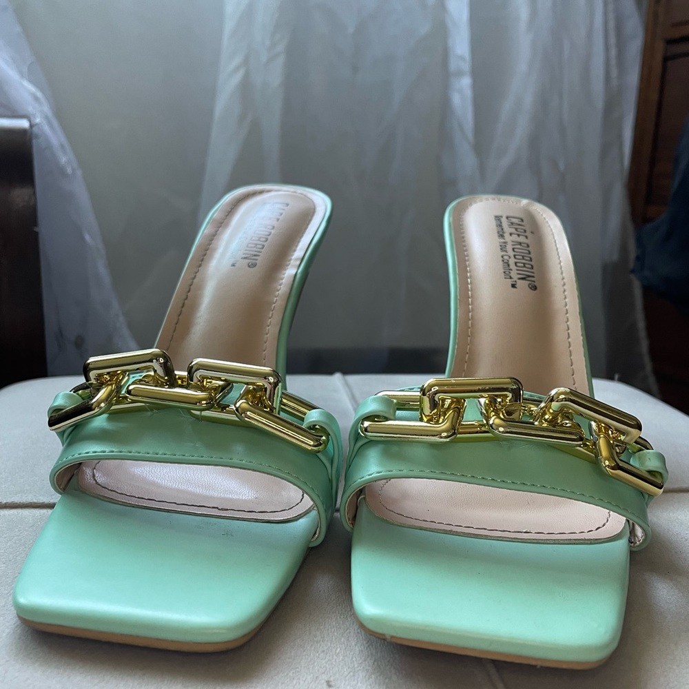 Mint green mule heels